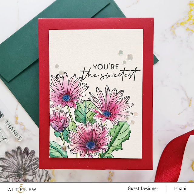 Altenew Paint a flower - African Daisy, Daisy card, CAS floral card, watercolored daisies, Guest designer Ishani, Altenew floral stamps, Quillish