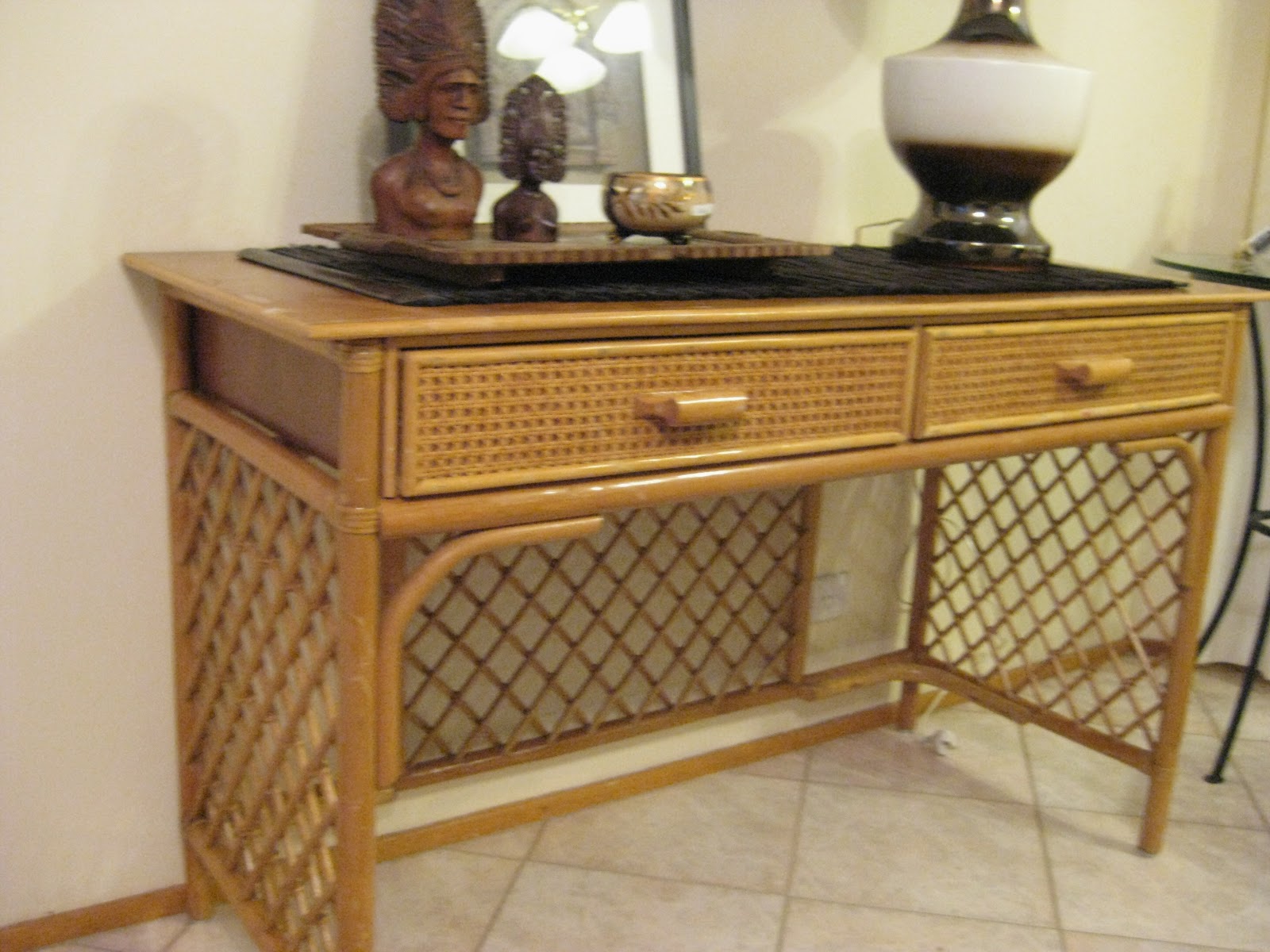 Lara's Funky Restorations 1970s Cane/Bamboo Console Table Restoration