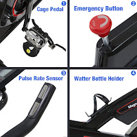 SNODE 8731 Spin Bike features, image, pulse sensors, resistance knob, push-down brake, cage pedals, water bottle holder