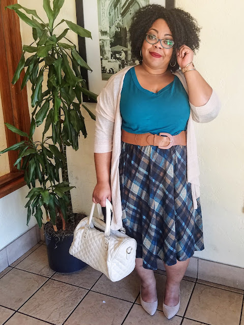 curvy, plus size, full figured, natural hair, plaid skirt, knit tee, cardigan, kitten heels