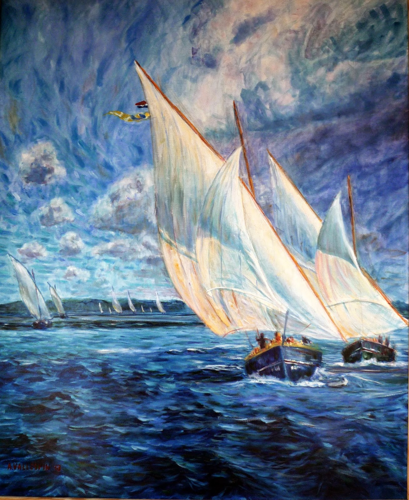 Oil on canvas of two lateen sail boats sailing in blue sea