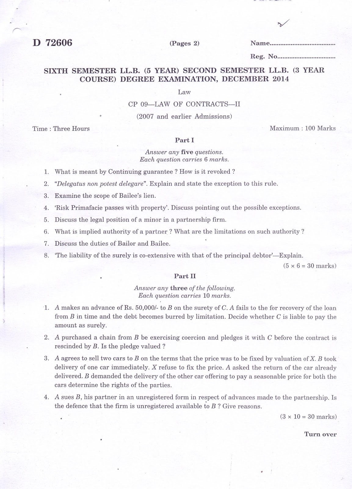 Law Student in Action SOME LAW OF CONTRACT QUESTION PAPERS