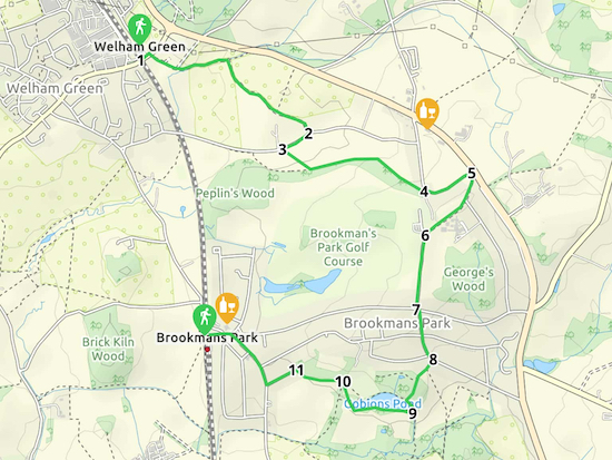 Map for Walk 71: Brookmans Park Linear NE  Created on Map Hub by Hertfordshire Walker  Elements © Thunderforest © OpenStreetMap contributors  There is a larger, more detailed map embedded at the end of these directions