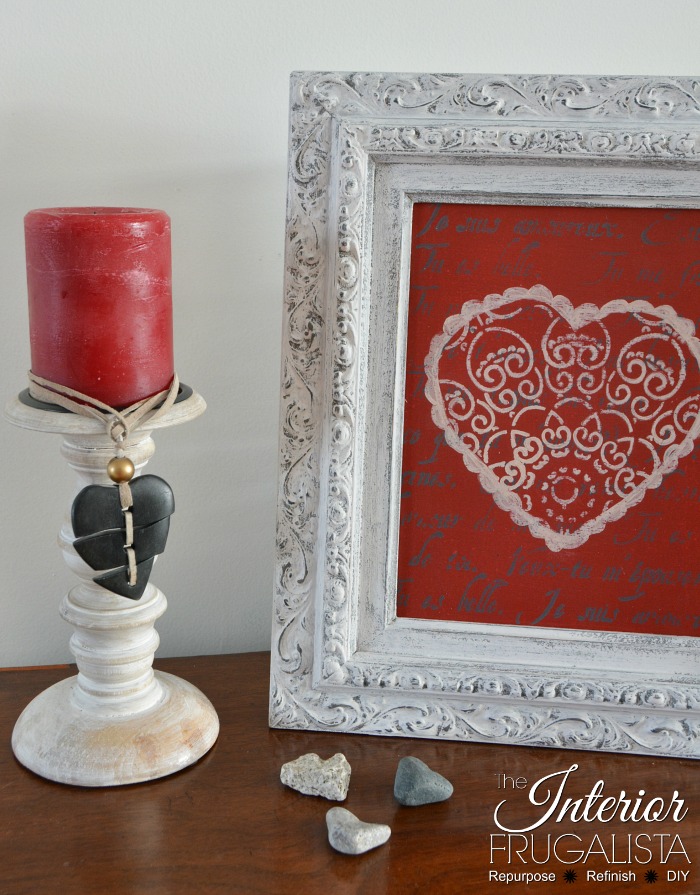 How to make easy budget-friendly Valentine wall decor from recycled thrift store picture frames with stencils and paint in just a few short hours.
