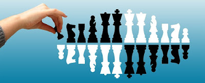 Self-Experimentation Isn't Easy. It Takes Work. Chess Men Right-Side Up and Right-Side Down, Black and White