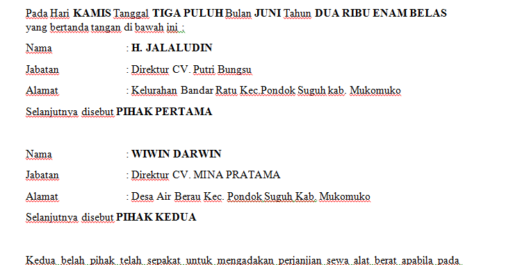 Surat Perjanjian Sewa Pakai Alat Berat Semua Surat