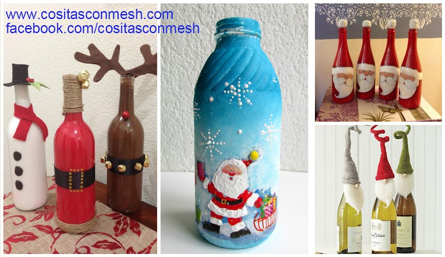 5 botellas de cristal decoradas para navidad 