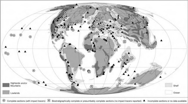 Свидетельств массового падения астероидов тоже не имеется: в частности нет никаких аналогичных Чиксулубу кратеров в хорошо изученной европейской зоне, где видятся немалые скопления. Так выглядит полная карта из этой же работы.