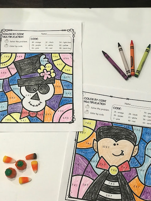 multiplication color-by-number Halloween worksheets