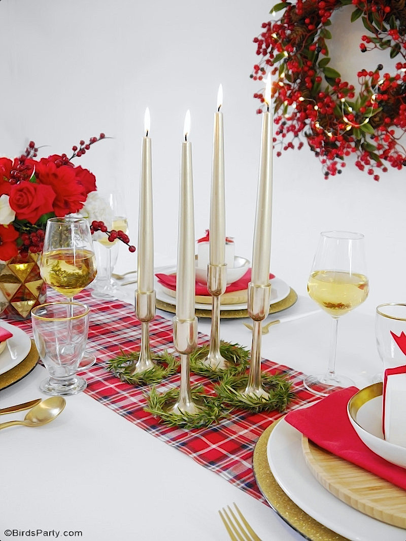 A Modern Plaid Tartan Christmas Table - traditional mixed with modern ideas to create a warm, cozy and inviting tablescape for the holidays! by BirdsParty.com @birdsparty #christmas #holidaytable #christmastable #tartantable #plaidtable #redchristmas #christmastablescape #christmasplaid #christmastartan #christmascheck #christmasholidaystable #holidaytablescape #traditionalchristmas