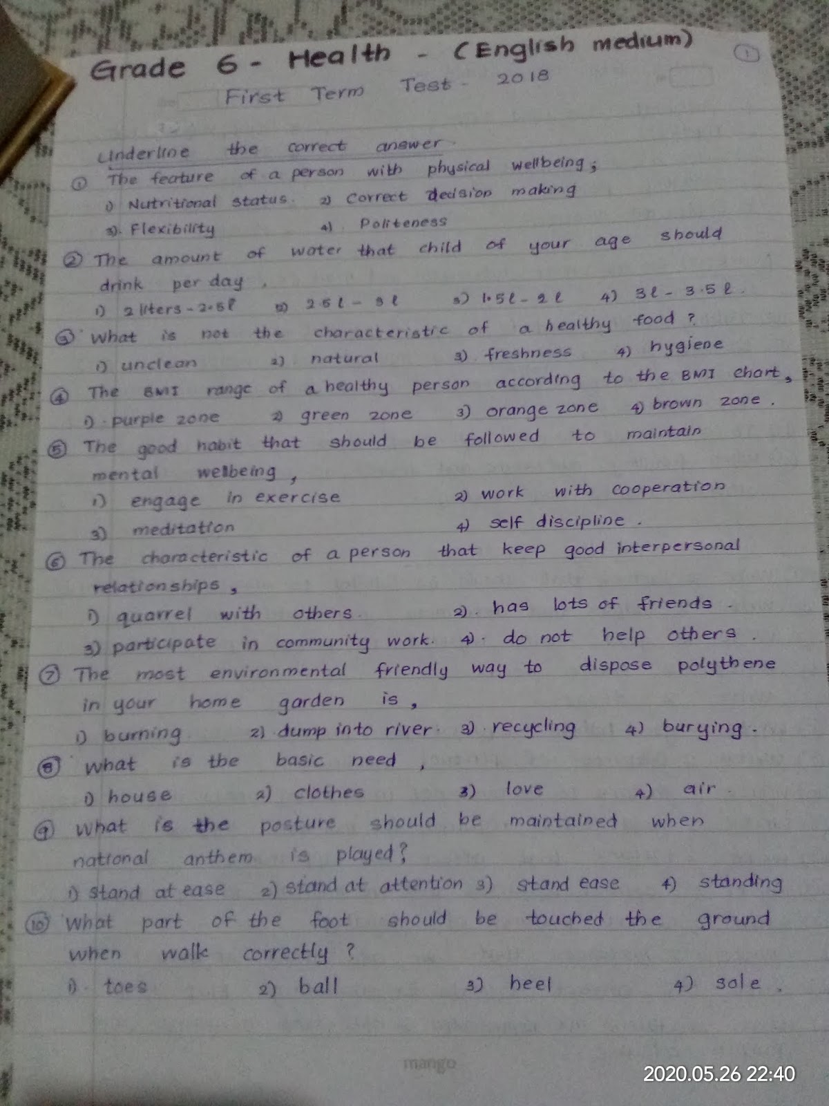 Anuladevi Balika Vidyalaya Galle Grade 6 Health & Physical