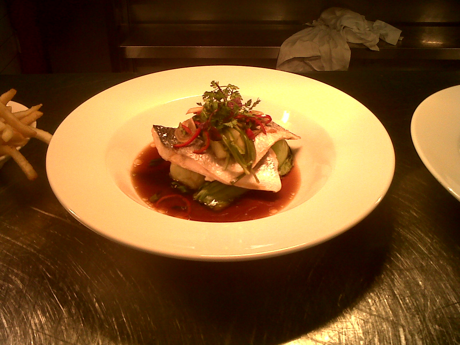 BlueApronChef Steamed Sea Bass with a Soy Ginger and Chilli Broth