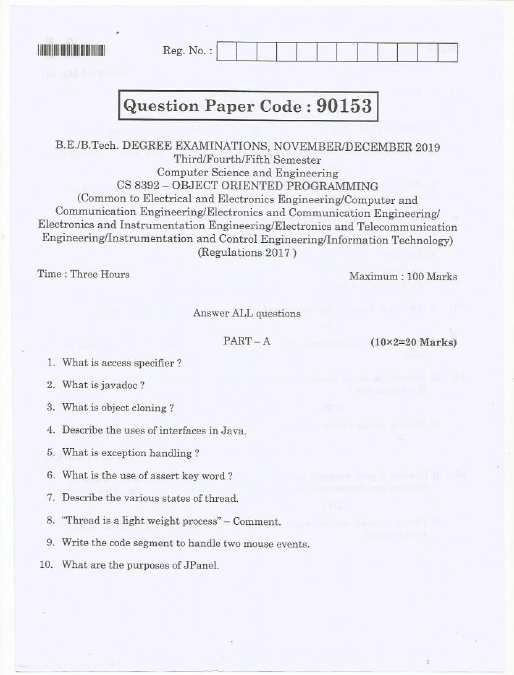 Anna University CS 8392 - OBJECT ORIENTED PROGRAMMING NOVEMBER/DECEMBER ...