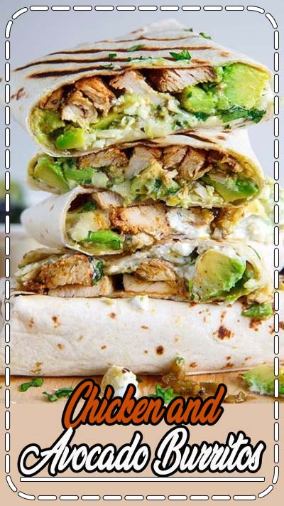 Burritos stuffed with juicy chicken, cool and creamy avocado, oozy gooey melted cheese, spicy salsa verde and sour cream!