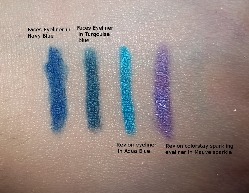 Collection of blue and purple eyeliners with swatch Cute Cozy Comforting