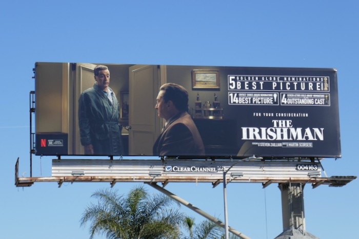 The Irishman 5 Golden Globe nominations billboard Santa Monica Boulevard Irishman Golden Globe billboard