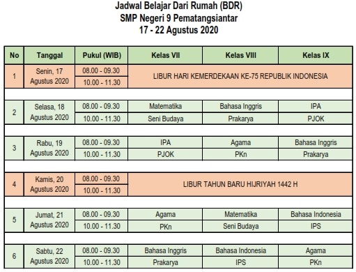 Pengumuman | Jadwal BDR 17 - 22 Agustus 2020