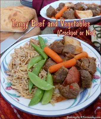 Tangy Beef and Vegetables (Crockpot or Not) is a lower in fat dinner. Beef, carrots, and potatoes are cooked all in one pan in a spicy, tangy sauce. | Recipe developed by www.BakingInATornado.com | #recipe #dinner