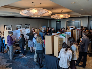 Dozens of people milling about a room with research posters propped on tables.