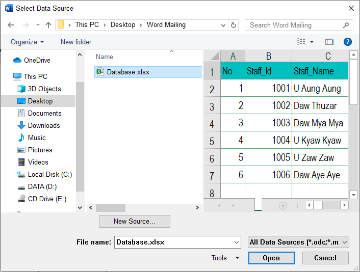 Hyper Excel & VBA Ms Excel ကို Ms Word (Mailings) စနစ်ဖြင့် ချိတ်ဆက