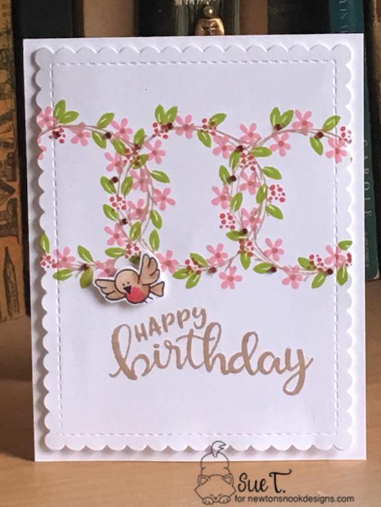 Happy Birthday by Sue features Happy Little Thoughts, Newton's Birthday Flutter, Birthday Essentials, and Frames & Flags by Newton's Nook Designs; #newtonsnook