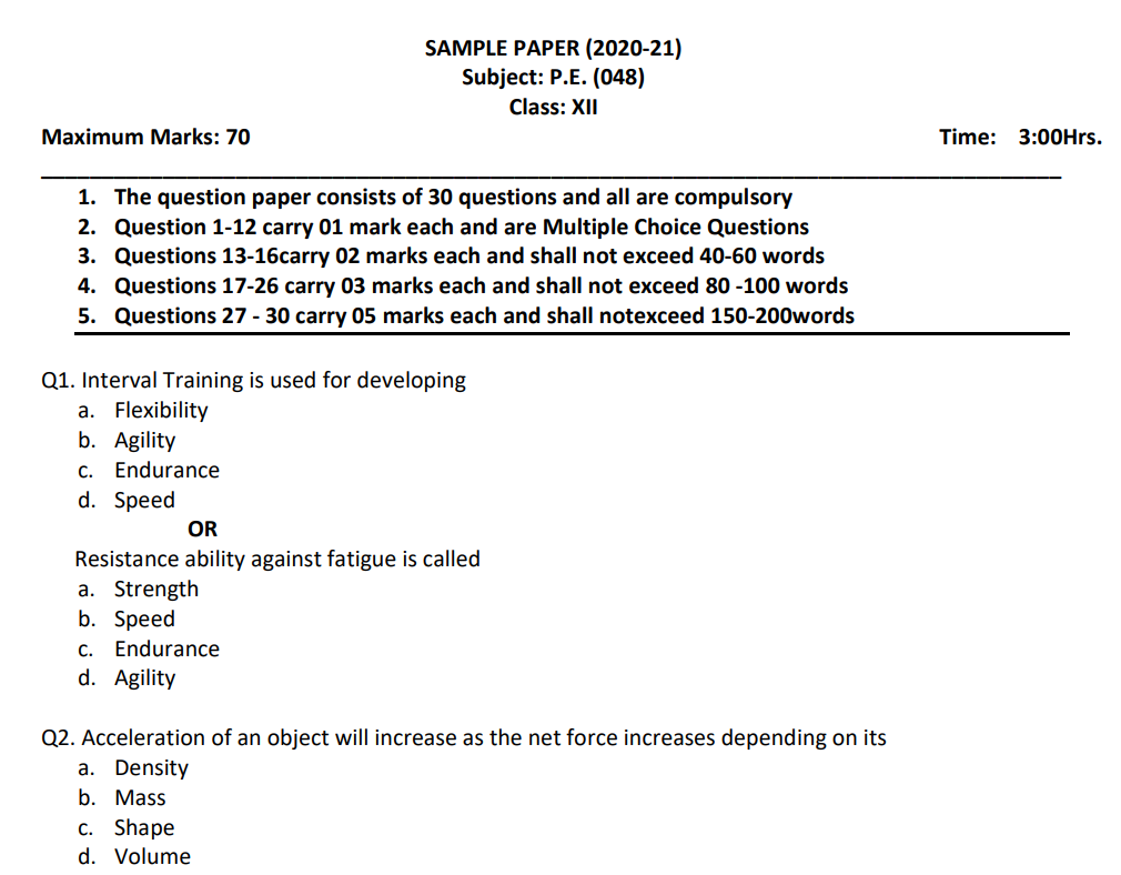 sample paper class 11 physical education term 2