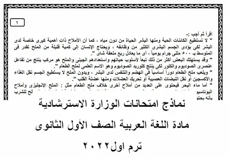 نماذج امتحانات الوزارة الاسترشادية مادة اللغة العربية الصف الأول الثانوى ترم اول2022 
