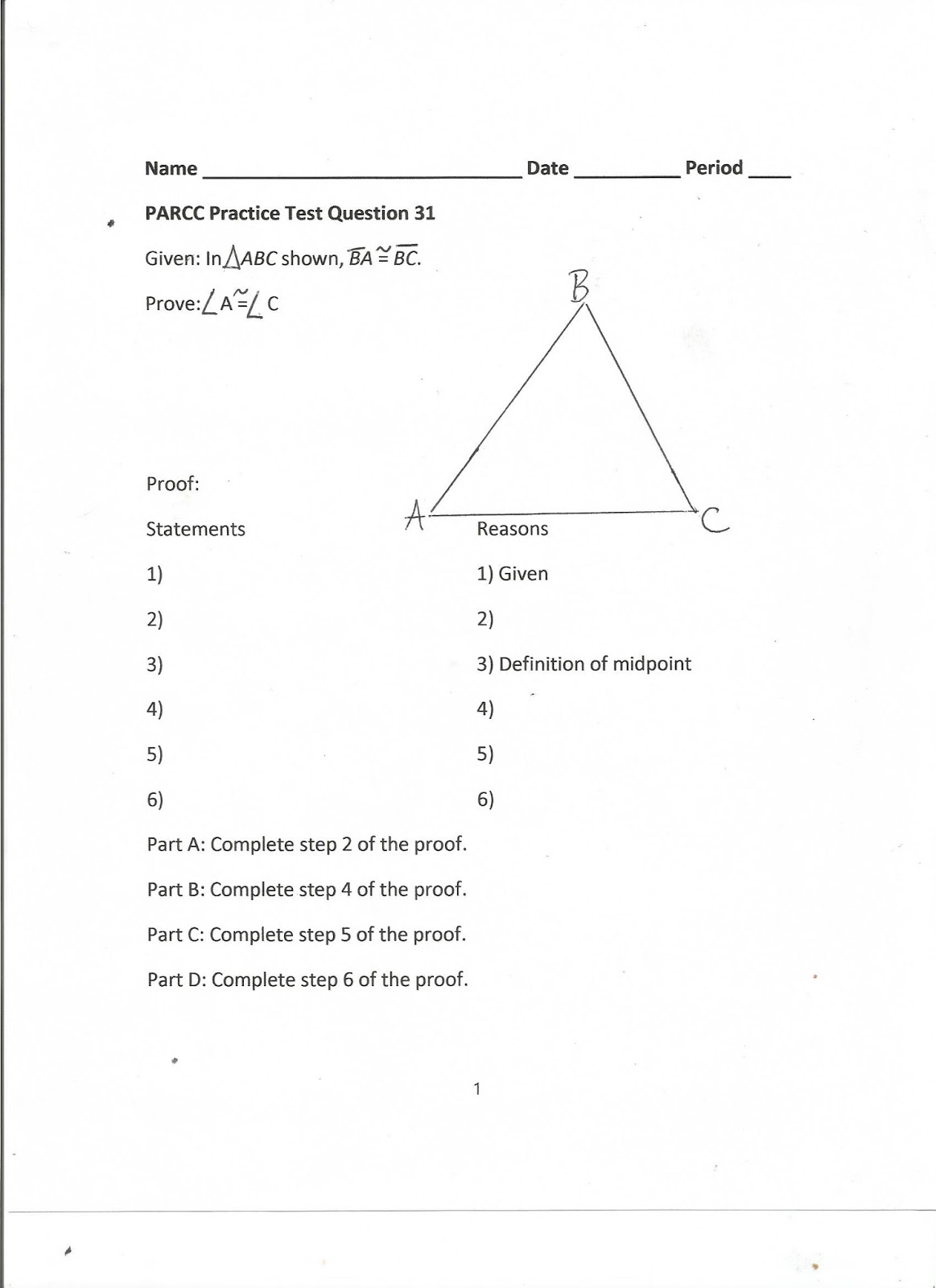 worksheet Proving Angles Congruent Worksheet geometry common core style parcc practice test question 31 day 174 the seventh graders dont need to know volume of a pyramid but our students do so course i retain these questi