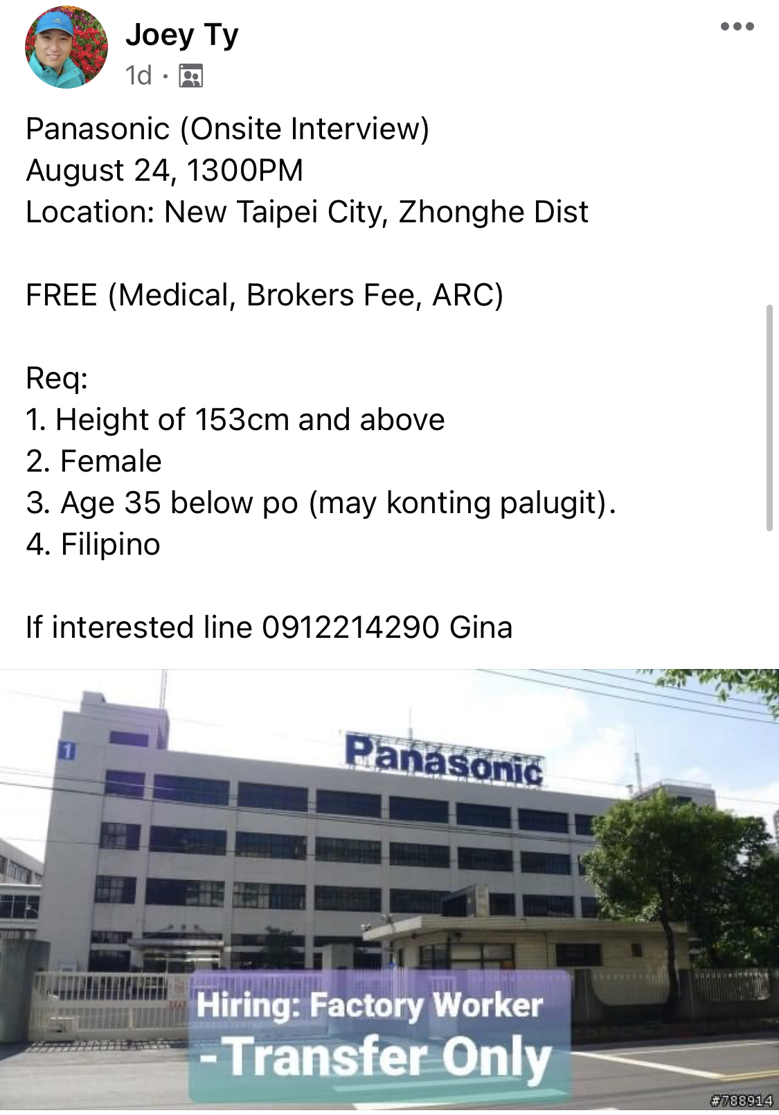 Job Hiring Panasonic Corp in Taiwan now direct hiring factory workers