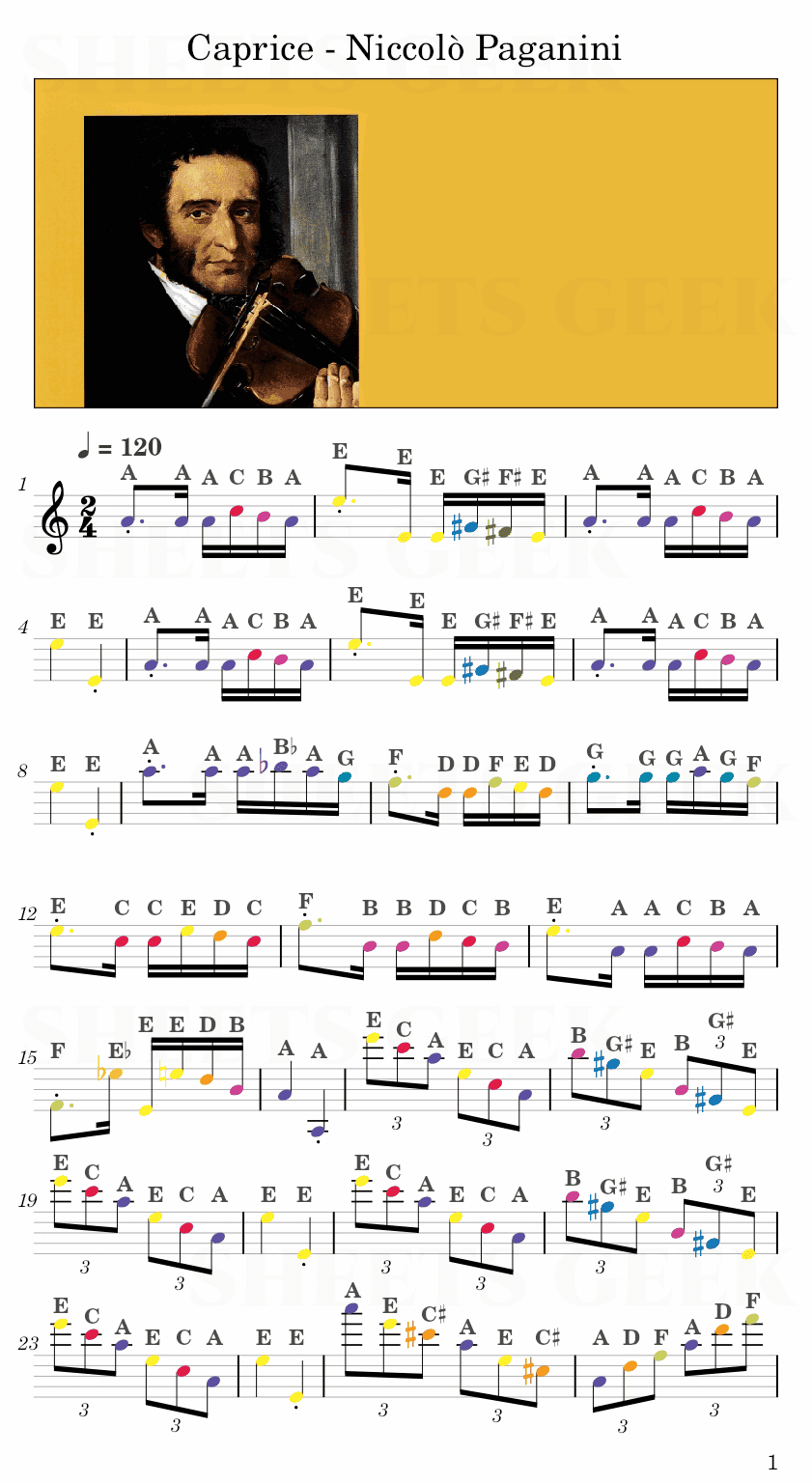 Caprice - Niccolo Paganini Easy Sheet Music Free for piano, keyboard, flute, violin, sax, cello page 1