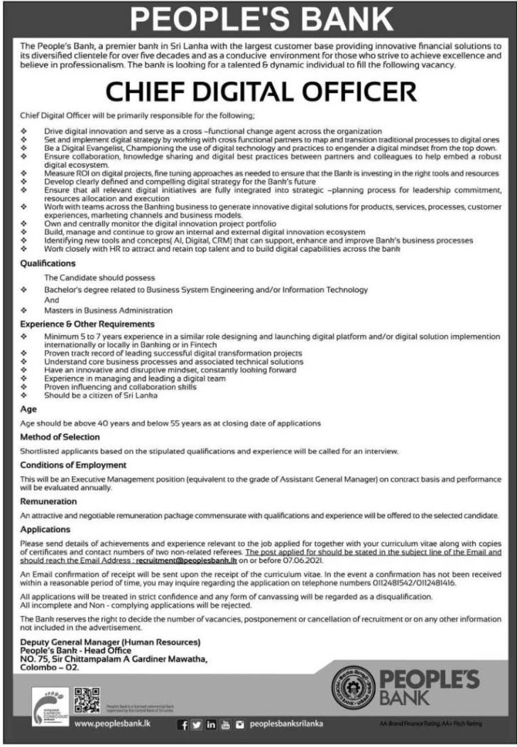 Chief Digital Officer 2021 Peoples Bank Job Vacancies Sri Lanka