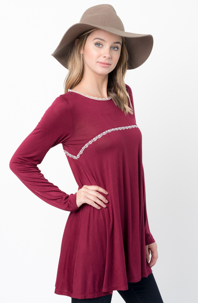 Buy Now Burgundy Lace Trim Long Sleeve Jersey Top Tunic Online - $34 -@caralase.com