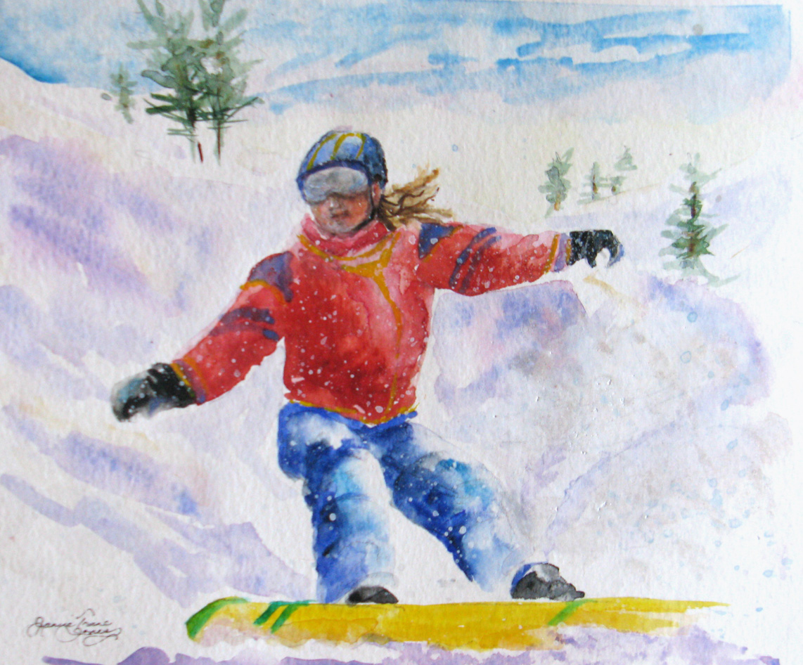 Watercolor Artists International "Snowboarding the Powder" Original