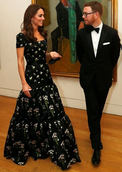 Kate Middleton wore Alexander McQueen dress, Jimmy Choo pumps, Kiki McDonough earrings, Prada clutch