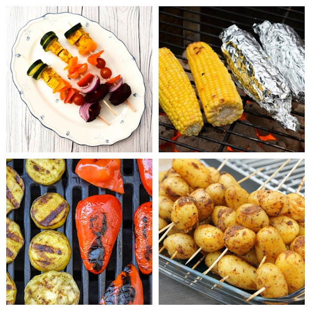BBQ vegetables. 4 photos in a square grid. A rainbow vegetable skewer, corn on the grill, grilled red peppers and courgette, and potatoes on skewers