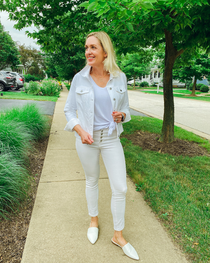 white denim jacket monochrome outfit