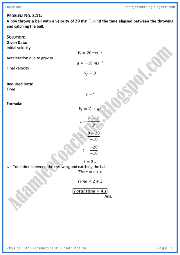 Adamjee Coaching Kinematics of Linear Motion Solved Numericals