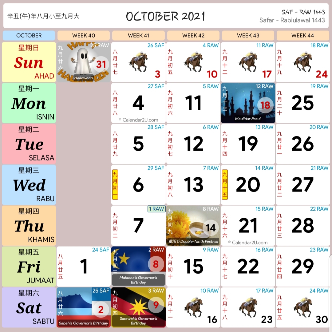 Kalender kuda Malaysia bagi bulan 10 (oktober)tahun 2021