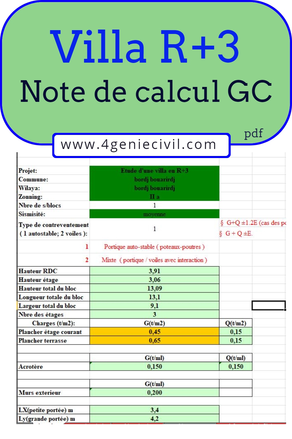 note de calcul exemple, feuille de calcul ferraillage b.a (excel)