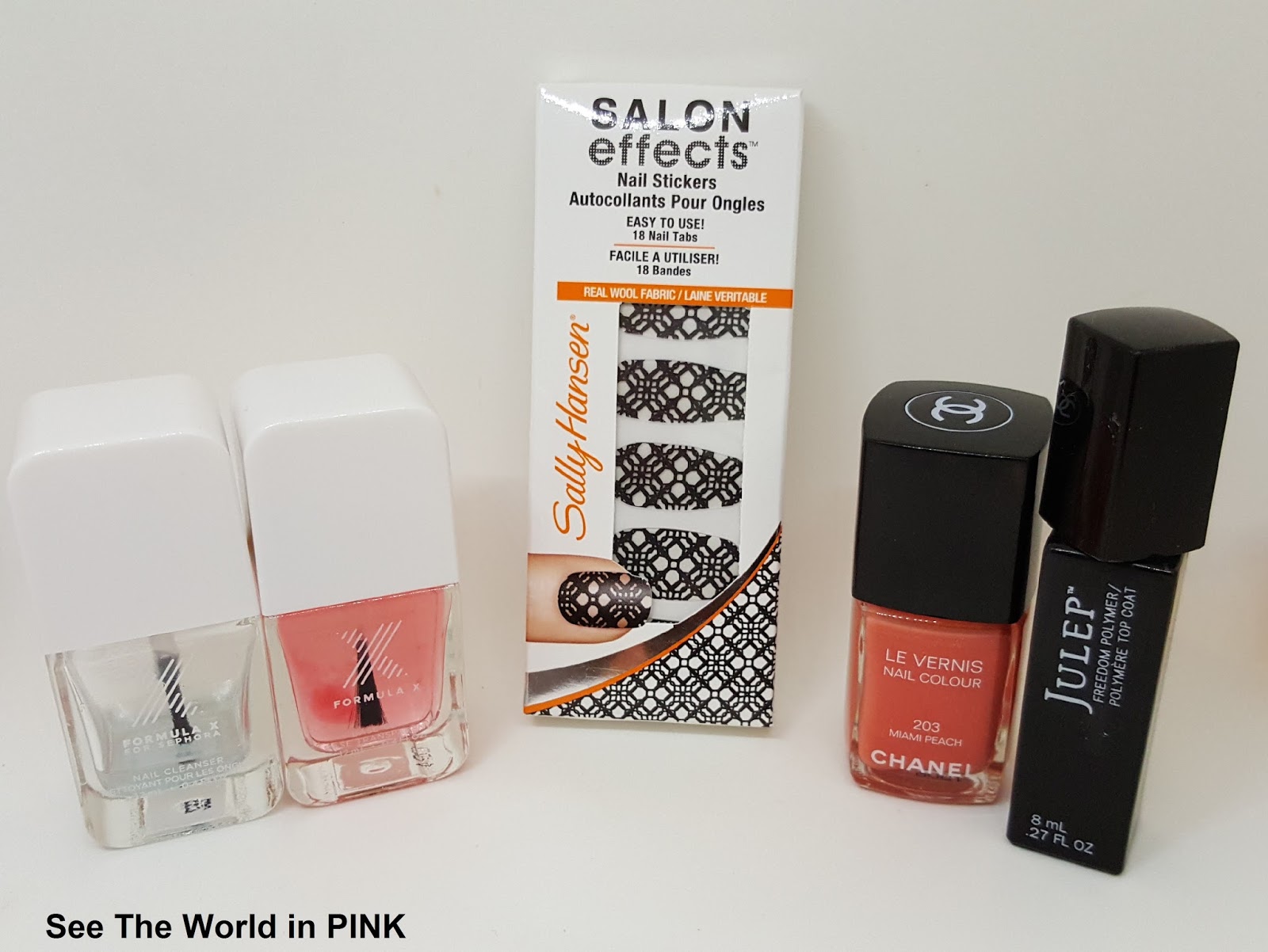 Chanel "Miami Peach" and Sally Hansen Nail Stickers "Black to Basics" 