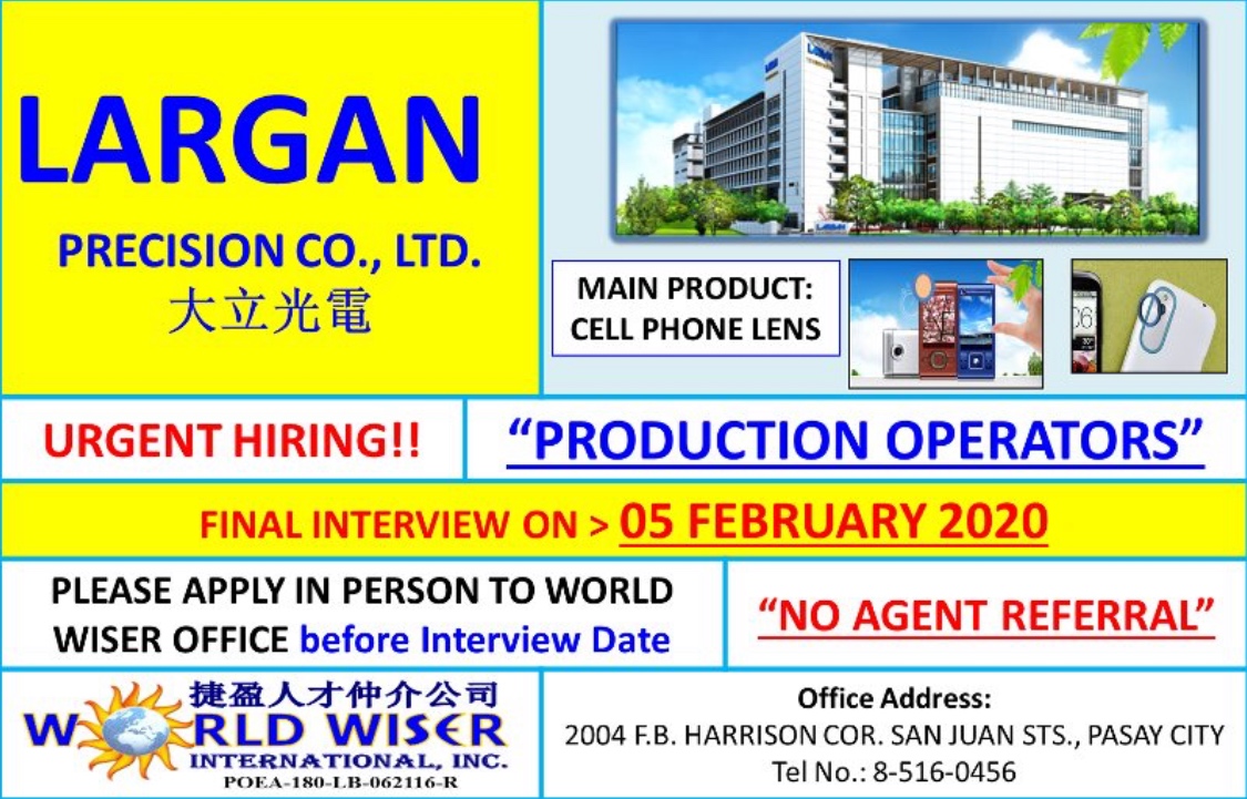 Jobs in Taiwan Now hiring production operators for Largan Precision Co
