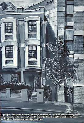 Plein air ink & gouache painting of terrace of RMO in Victoria Street Darlinghurst painted by industrial heritage artist Jane Bennett