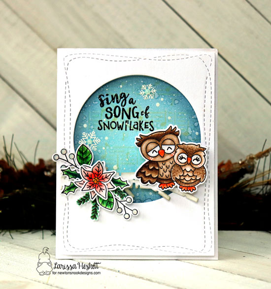 Sing a Song of Snowflakes Card by Larissa Heskett | Love Owl-ways Stamp Set, Poinsettia Blooms Stamp Set, Winter Birds Stamp Set and Forest Scene Builder Die Set and Music Stencil by Newton's Nook Designs #newtonsnook #handmade