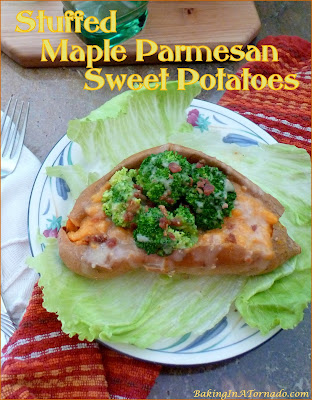 Stuffed Maple Parmesan Sweet Potatoes for lunch or with dinner, vegetables never tasted so good! | Recipe developed by www.BakingInATornado.com | #recipe #vegetable