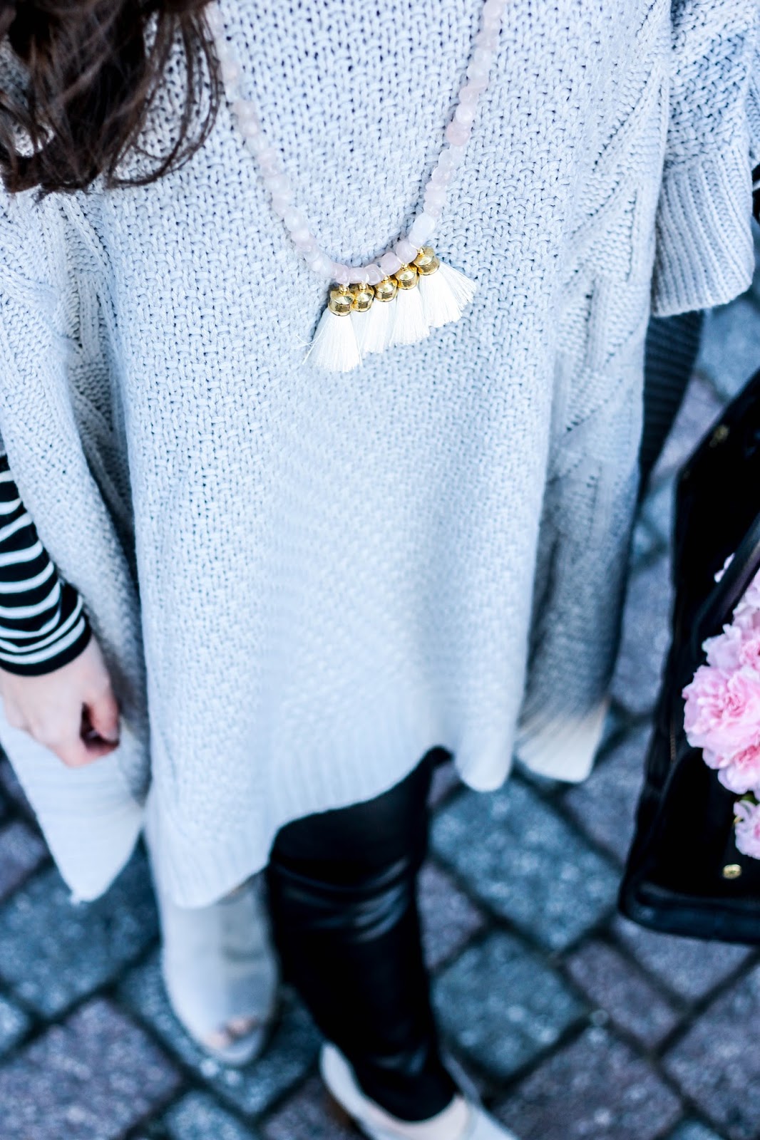 Grey Turtleneck Poncho, SheIn poncho, striped turtleneck with poncho, j crew striped turtleneck, fall outfit, fall style, fall trends, Sylvia Benson tassel necklace, Sylvia Benson jewelry, faux leather leggings, Vera Bradley quilted satchel, grey suede open toe booties, fall layers, pretty in the pines blog, pretty in the pines