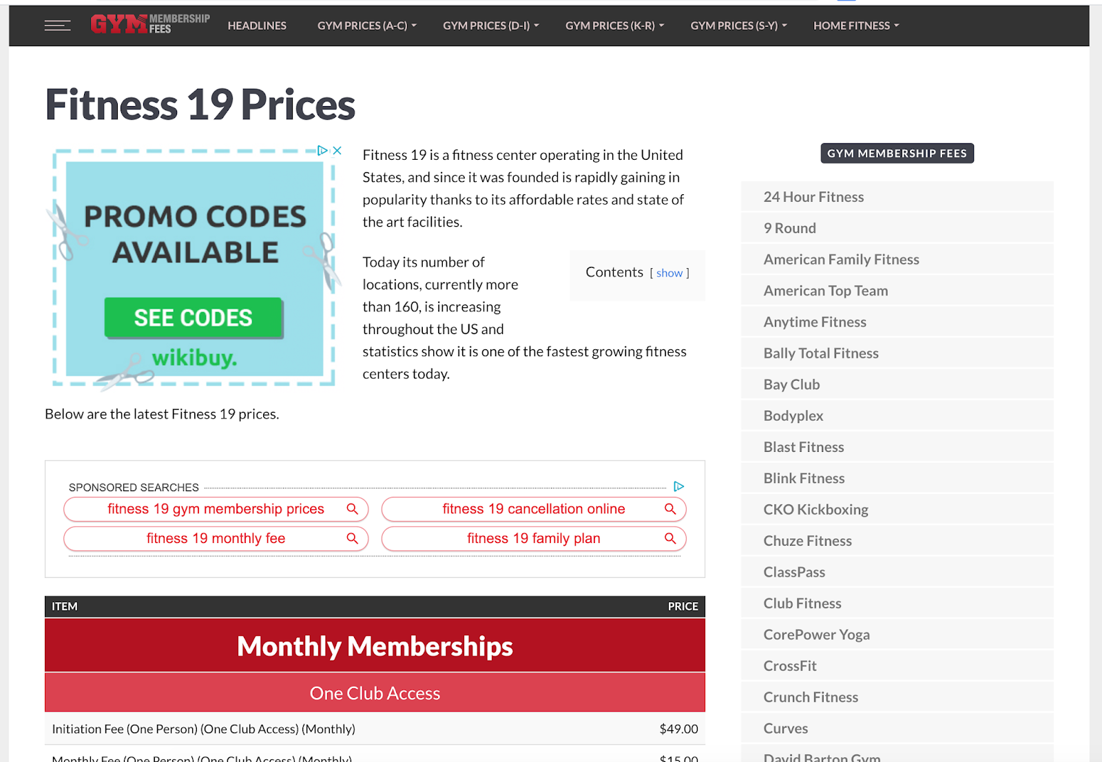 Fitness 19 Prices
