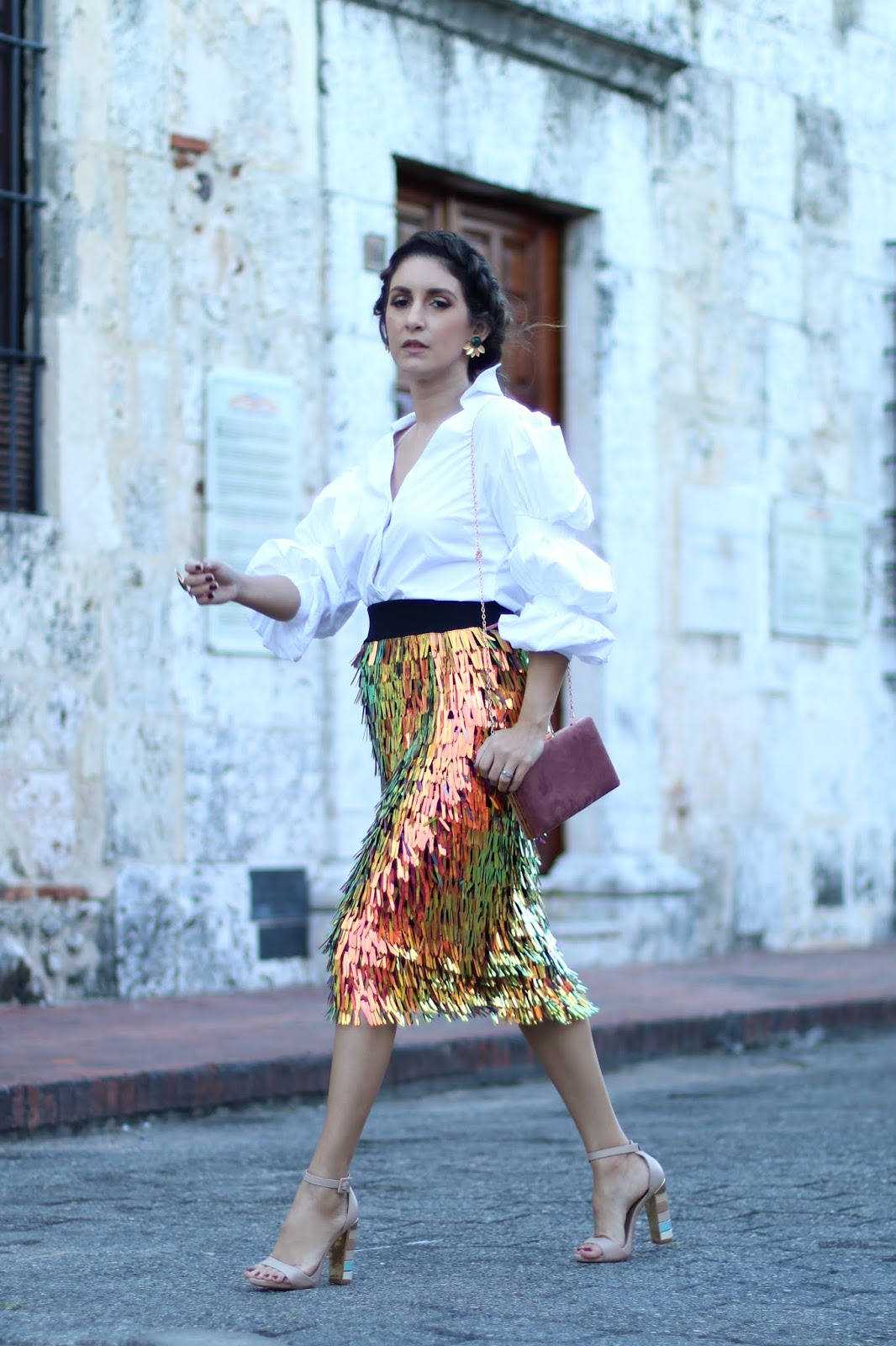 Dominicana Moda Day IV: Sequins Skirt + White Shirt | Anyelina Guzman