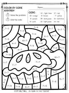 Thanksgiving Color By Number Math Facts Practice Addition pie black and white