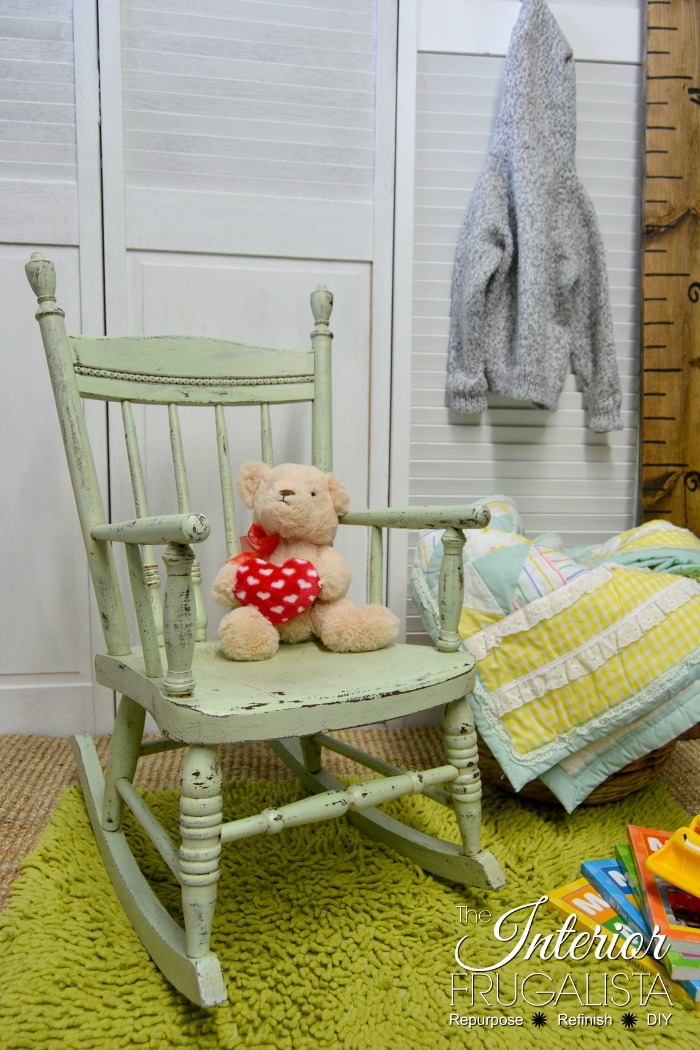 A rustic rocking chair makeover with farmhouse style for a child. It's a quick and easy upcycle for a solid wood vintage toddler rocker painted green.