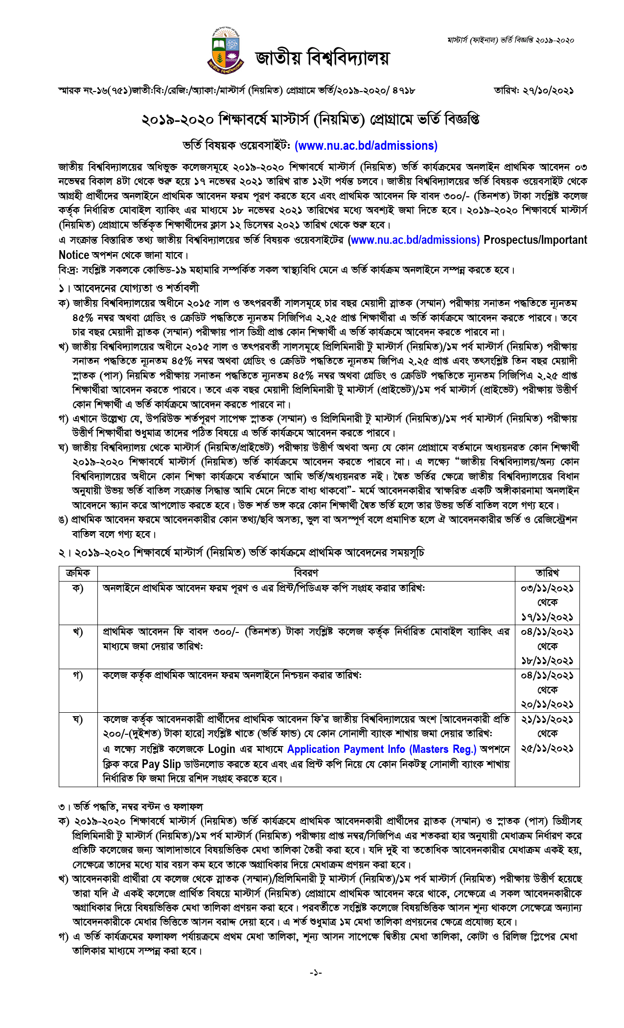 National University Masters Admission Circular 2019-2020